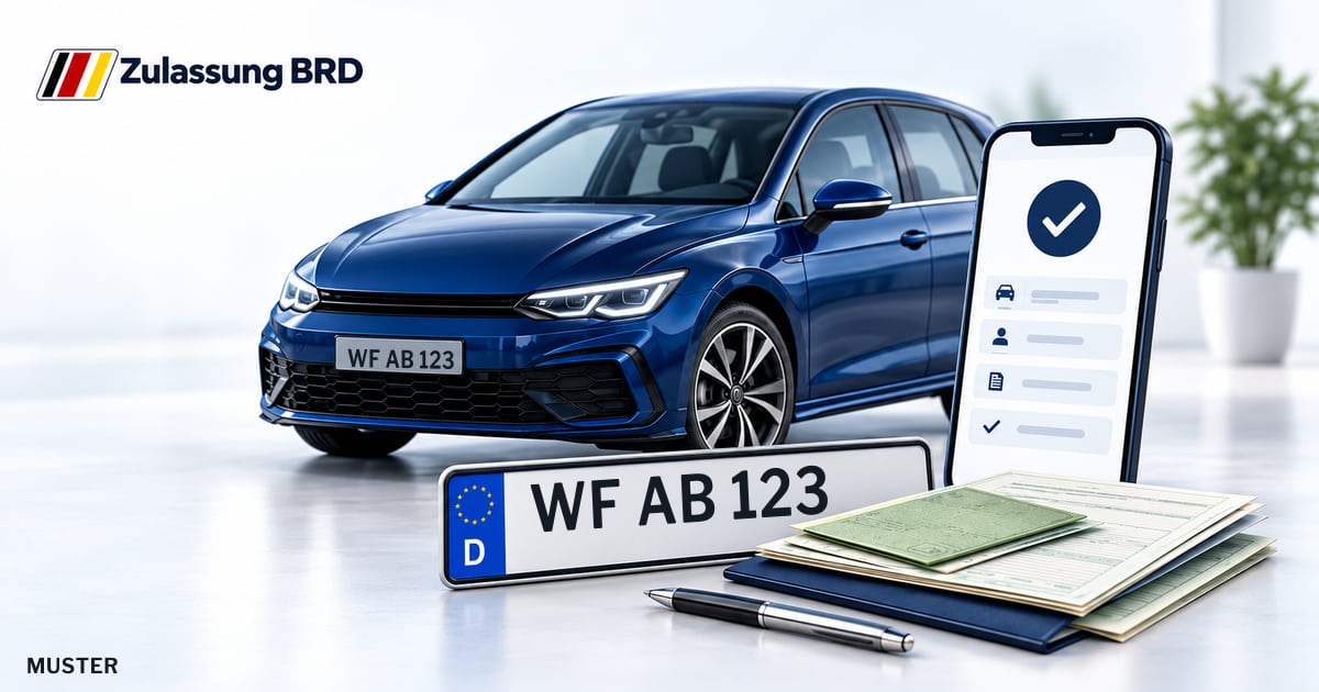 Online Fahrzeugzulassung in Cremlingen: Musterkennzeichen WF AB 123, Auto und Fahrzeugpapiere und Smartphone. Illustration mit Logo von Zulassung BRD.